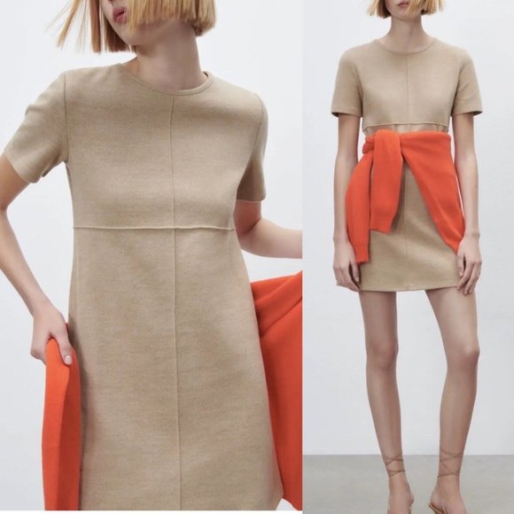 NEW ZARA Cotton Blend Knitted Mini Dress in light Camel Colour, Size M - Picture 1 of 15